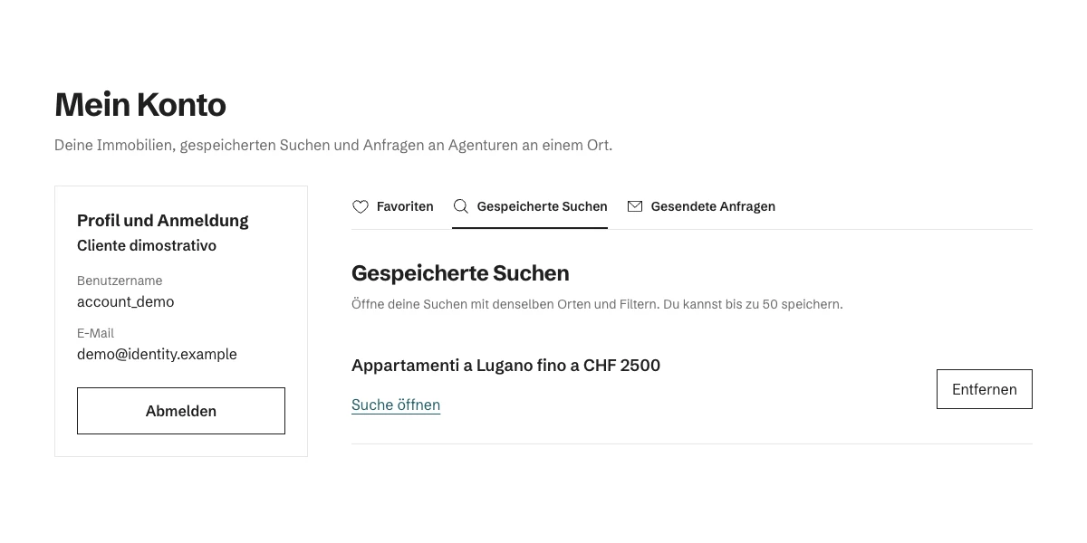 Vorschau des Housenet-Kontos mit Favoriten, gespeicherten Suchen und gesendeten Anfragen. Beispieldaten.