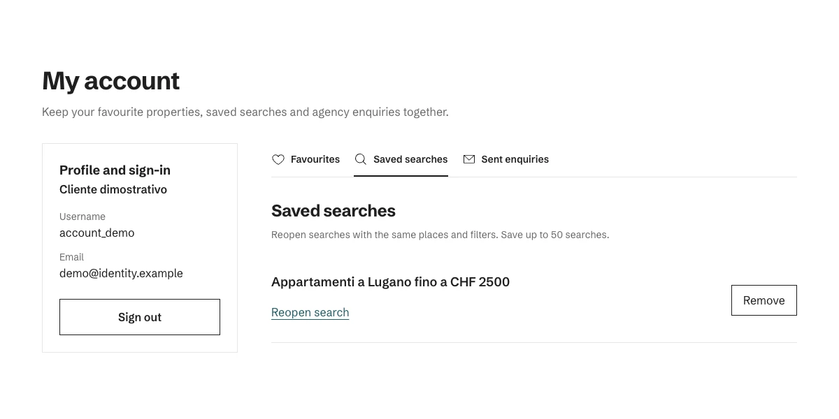 Preview of the Housenet account with favourites, saved searches and sent enquiries. Demonstration data.