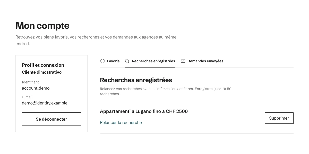 Aperçu du compte Housenet avec favoris, recherches enregistrées et demandes envoyées. Données de démonstration.